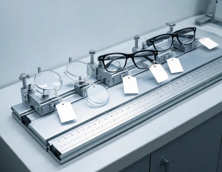 Fit range notes beside unlabeled replacement lenses and eyeglasses frames