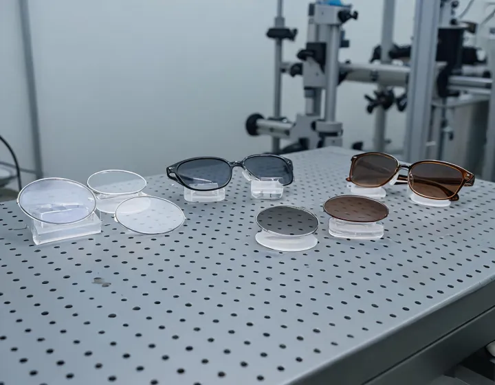 Unlabeled replacement lenses staged on an optical bench